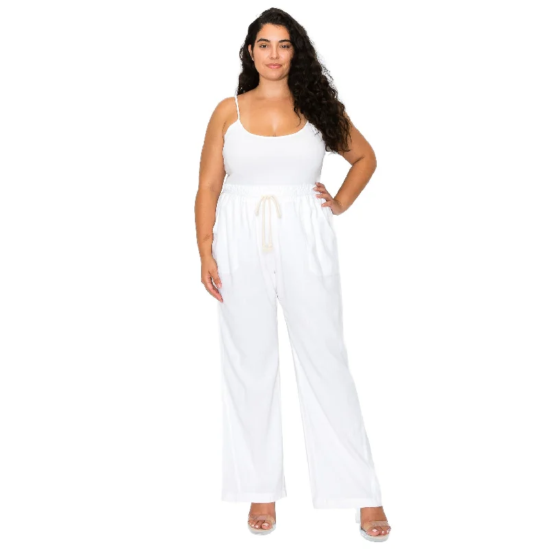 [Plus Size] Linen Pants 32" Inseam Drawstring Smocked Waist Beach Pants - White