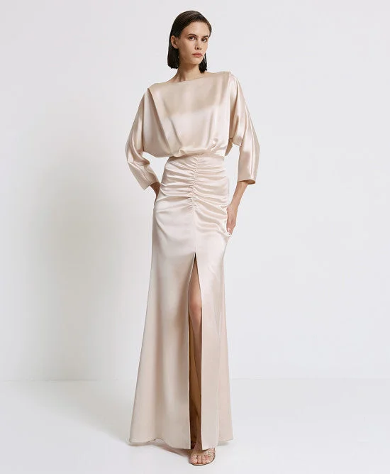 Access Fashion Cream Satin Maxi Dress With Gatherings And Slit