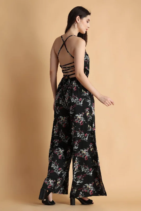 Black Floral Printed Back Criss Cross Tie Jumpsuit with Side Slits