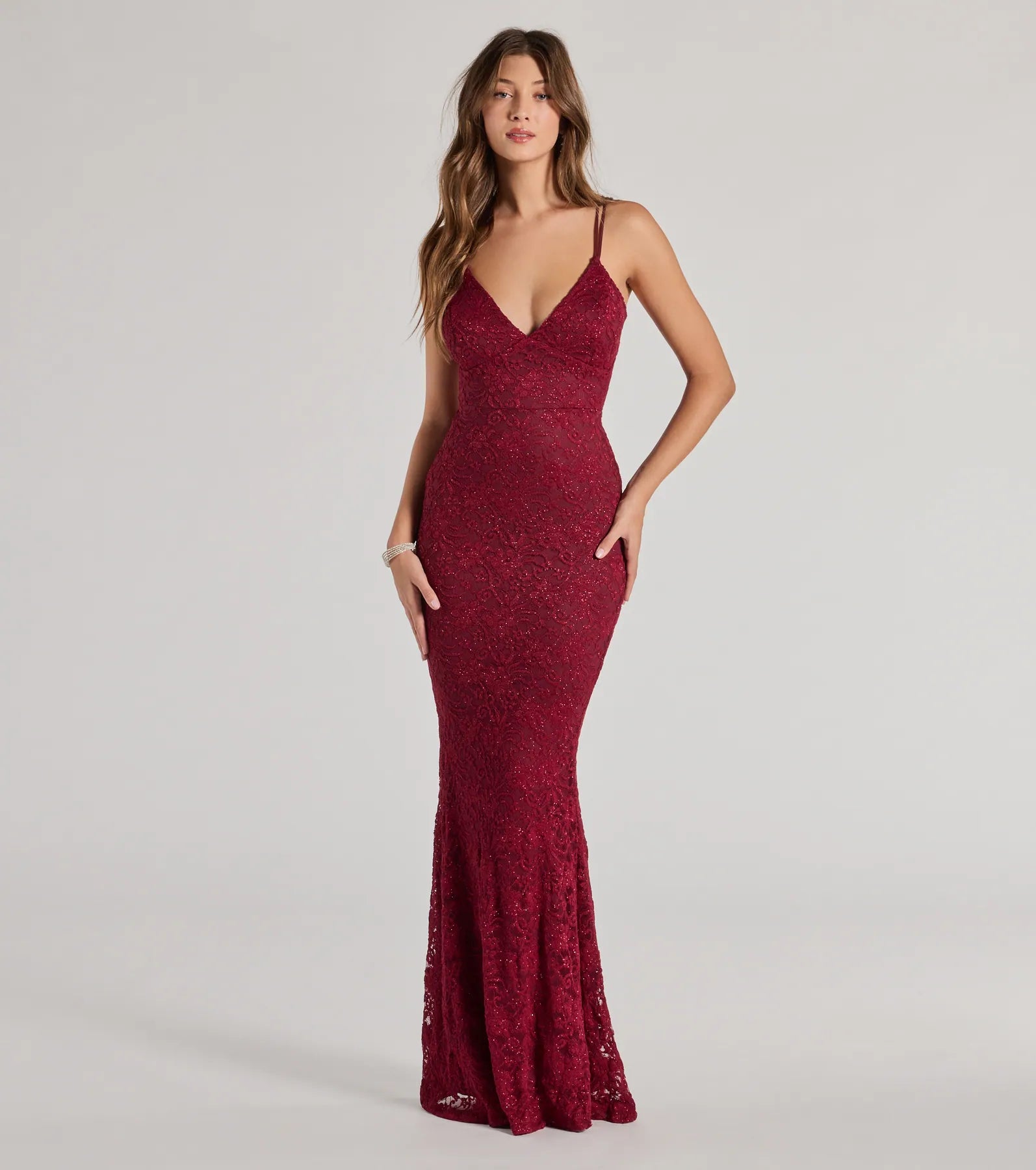 Briella Glitter Lace Cross-Back Mermaid Dress