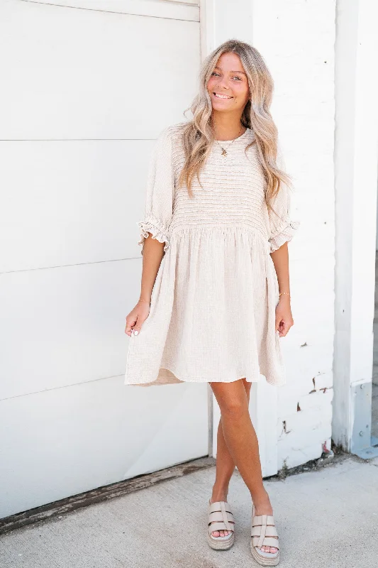 {PRE-ORDER} Stay Awhile Textured Mini Dress - Natural