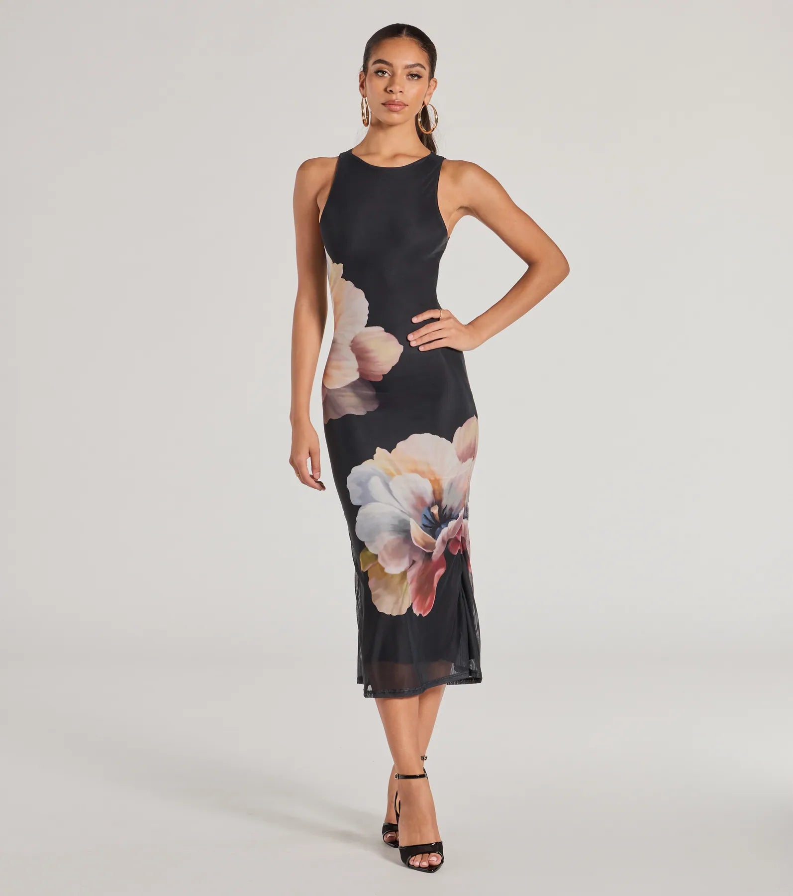 Date Night Chic Floral Mesh Midi Dress