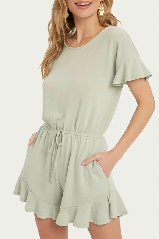 Drawstring-Waist Ruffled Terry Romper In Sage