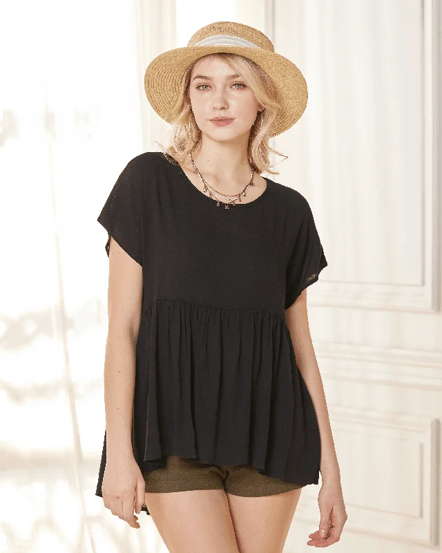 Flowy Short Sleeve Peplum Top - Black