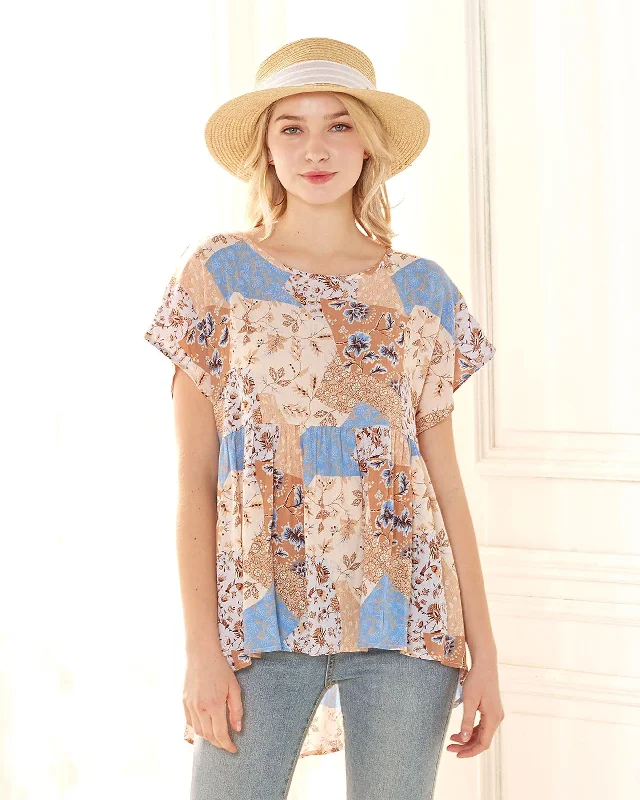 Flowy Short Sleeve Peplum Top - Taupe/Blue