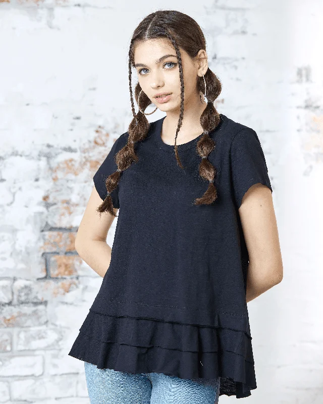 Layered Ruffle Hem Short Sleeve Tee - Black