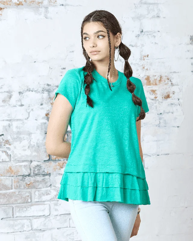 Layered Ruffle Hem Short Sleeve Tee - Green