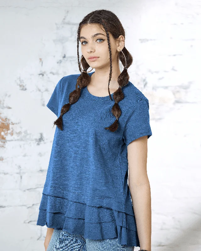 Layered Ruffle Hem Short Sleeve Tee - Navy