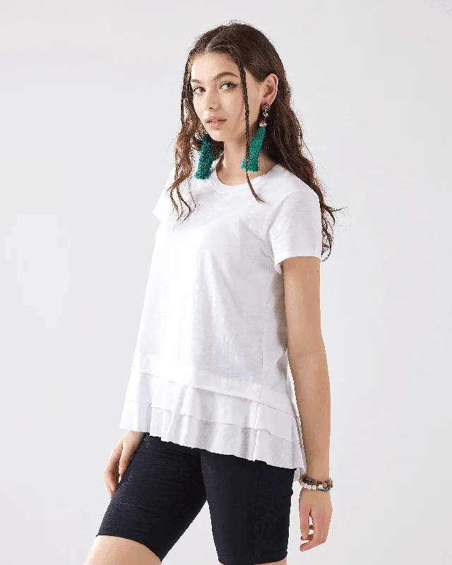 Layered Ruffle Hem Short Sleeve Tee - White