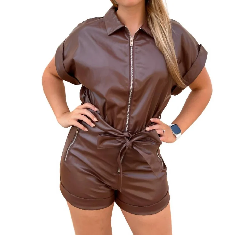 Lexa Faux Leather Romper With Tie In Brown