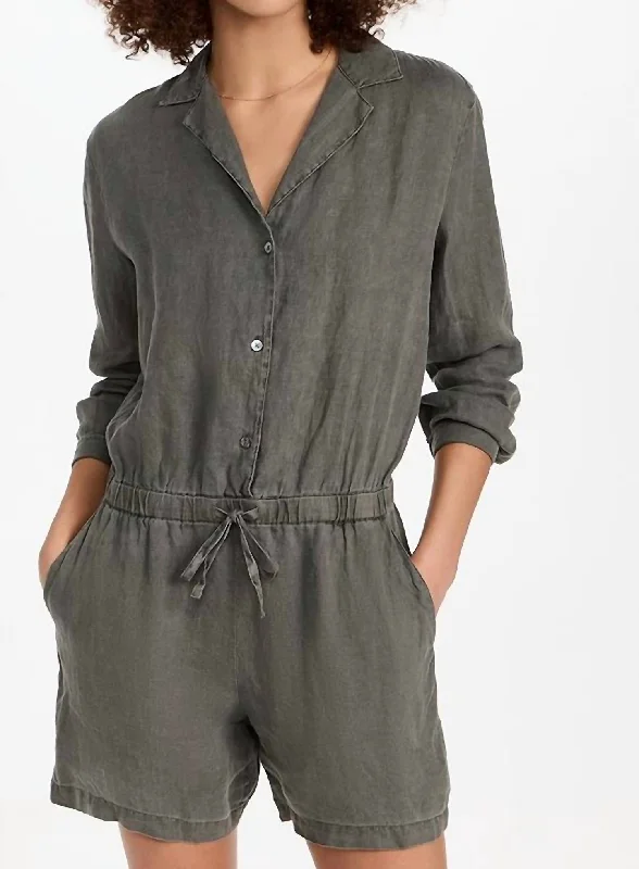 Linen Button Front Romper In Jungle Pigment