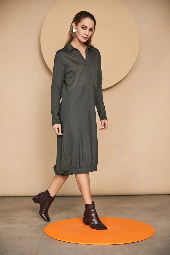 Naya Khaki Shirt Style Dress With Contrast Fabric Skirt And Collar