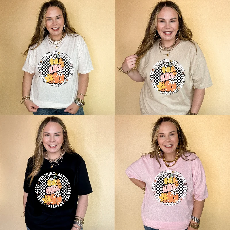 Online Exclusive | Fall Illustrations Graphic Tee with Three Pumpkins on a Checkered background in Multiple Color Options