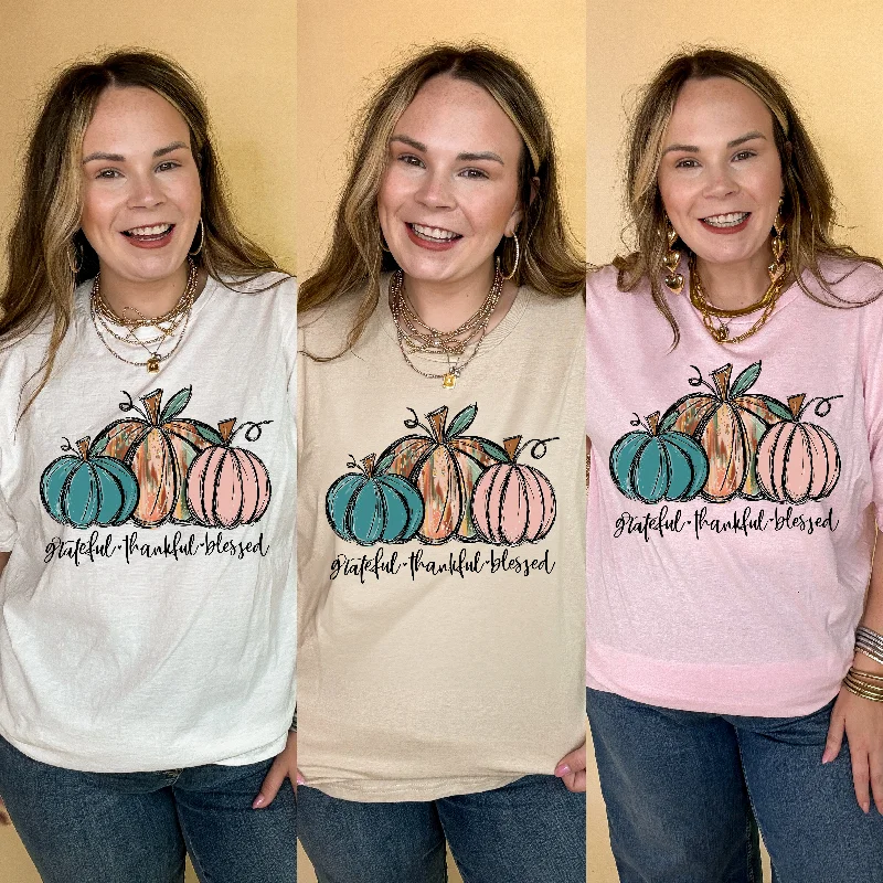 Online Exclusive | Grateful, Thankful and Blessed Three Painted Pumpkin Graphic Tee in Multiple Color Options