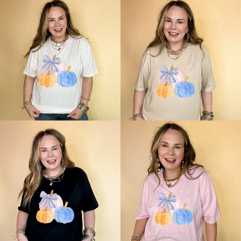 Online Exclusive | Pastel Patch Pumpkins in Orange, Pink and Blue with Plaid Bow Graphic Tee in Multiple Color Options