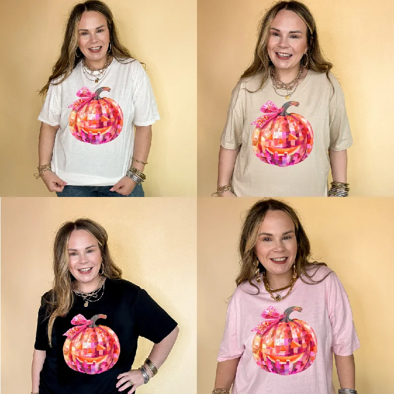 Online Exclusive |  Pink Party Pumpkin with Jack-O-Lantern Face and Half Bow Graphic Tee in Multiple Color Options