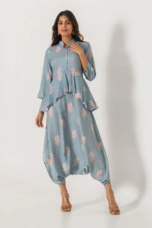 Blue Printed Peplum Dhoti Jumpsuit