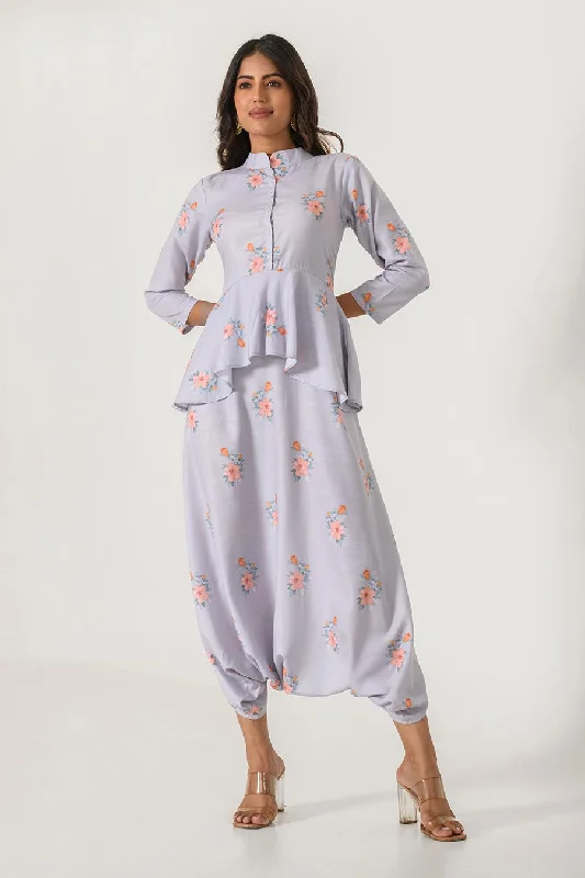 Grey Printed Peplum Dhoti Jumpsuit