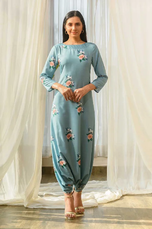 Teal Printed Dhoti Jumpsuit