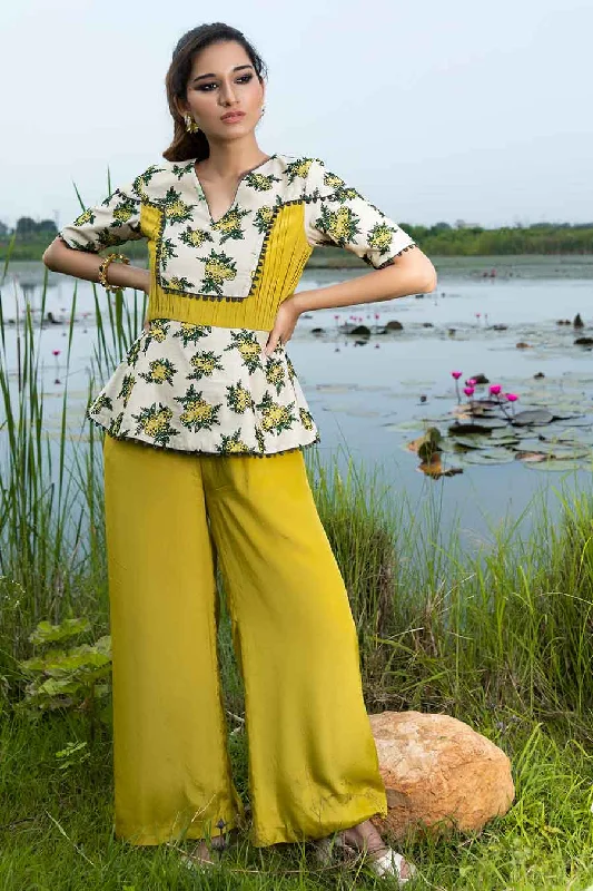 Green & White Embroidered Peplum Jumpsuit