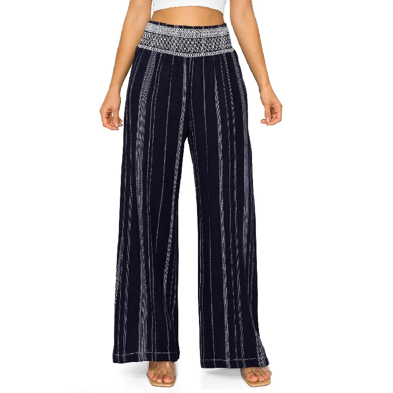 Smocked Waist Wide Leg Linen Pants - Navy