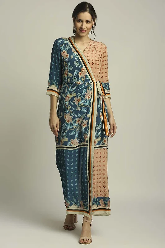 Peach & Blue Printed Paneled Jumpsuit