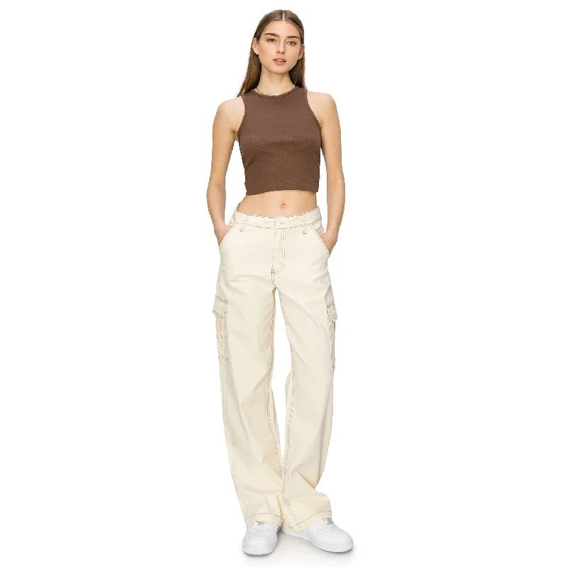 Straight Leg Stitch Cargo Pants - Ivory