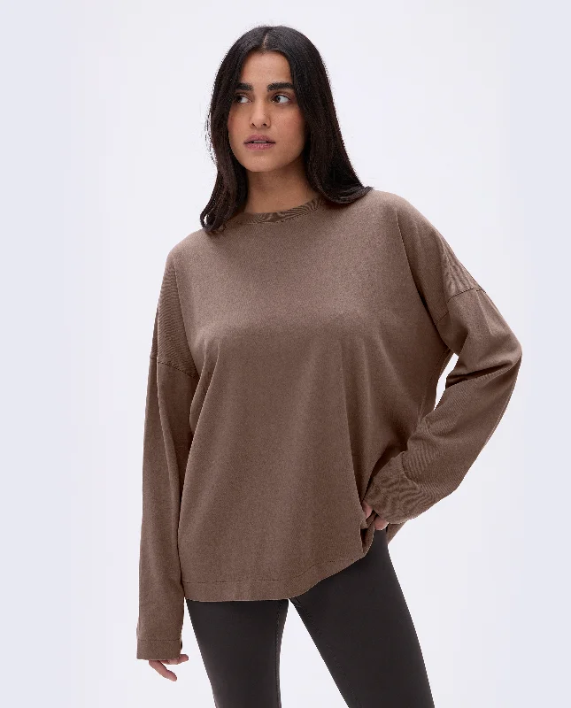 Washed Long Sleeve Drop Shoulder T-shirt - Pebble Brown