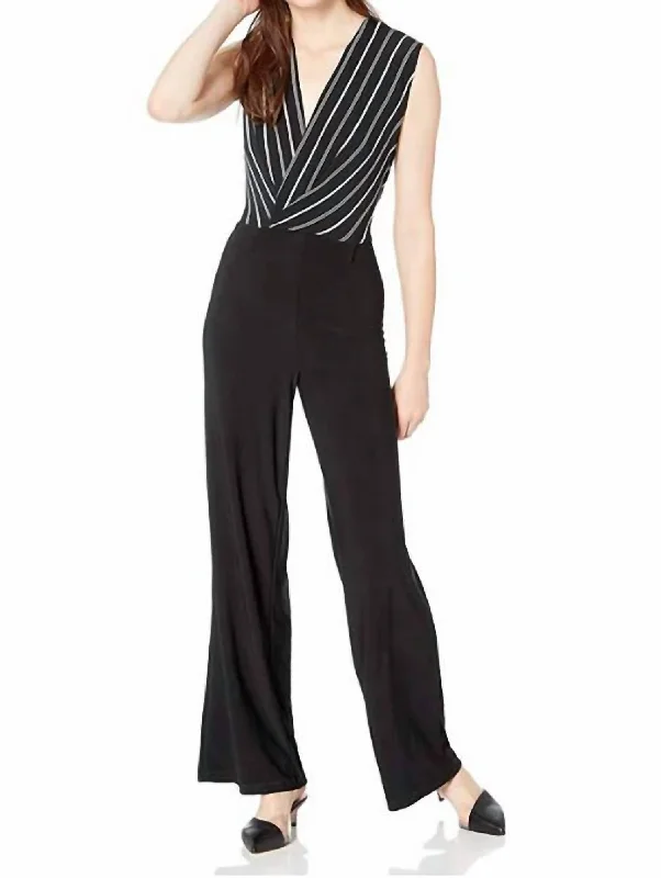 Women Wrap Sleeveless Cotton Jumpsuit In Black Striped