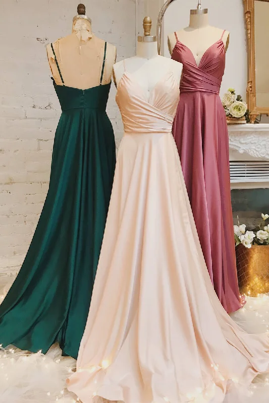 A-Line Straps Ruched Long Bridesmaid Dress