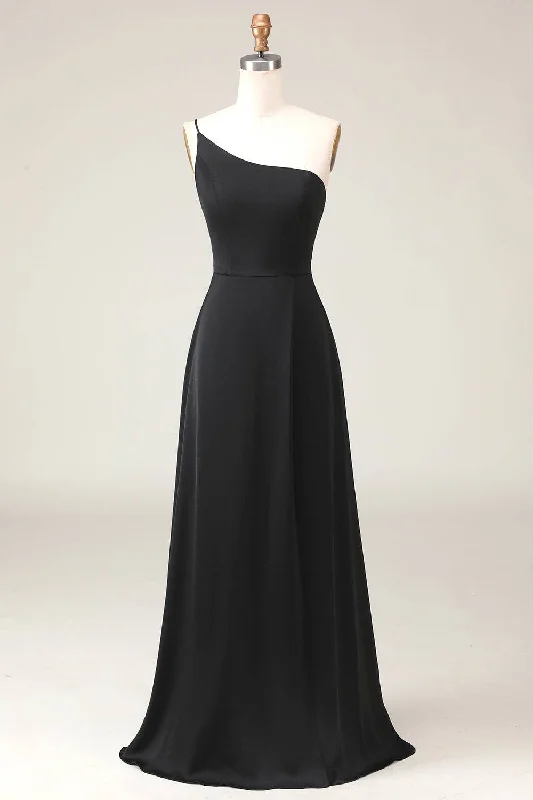 Chic One Shoulder Black Chiffon Long Bridesmaid Dress