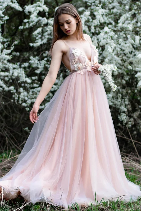 Long Romantic Spaghetti Strap V-Neck Pink Formal Dress with Handmade Flowers