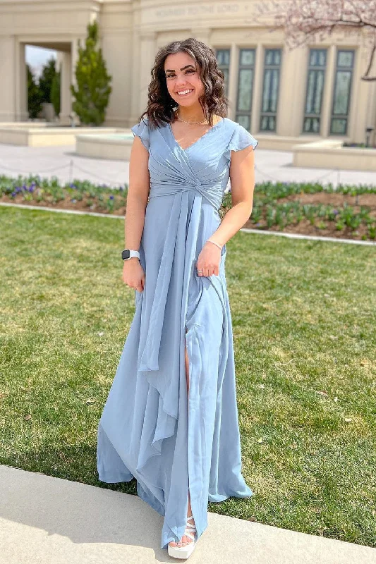 Dusty Blue V-Neck Pleated Chiffon Bridesmaid Dress