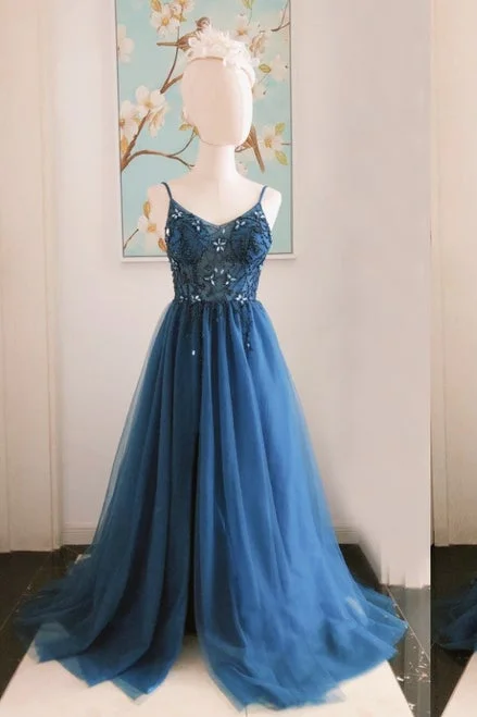 Elegant V-Neck Beaded Navy Blue Long Prom Dress