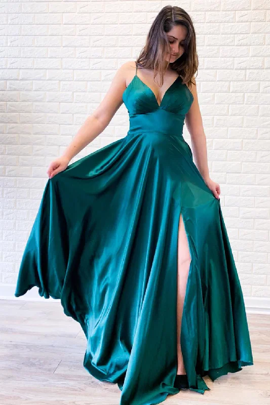 Empire Straps Teal Satin Long Prom Dress with Slit