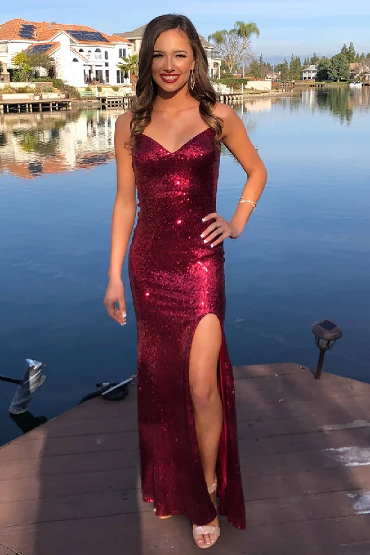 Glittery V-Neck Mermaid Long Burgundy Prom Dress