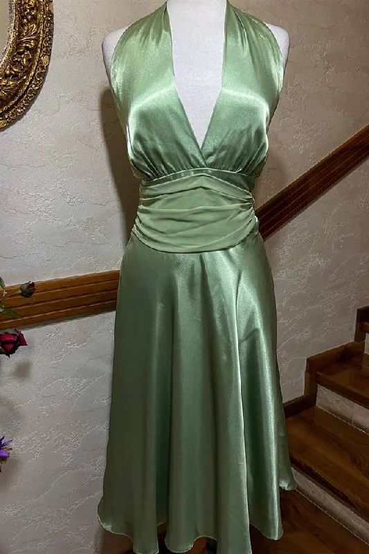 Halter Green Ruched Satin Midi Dress