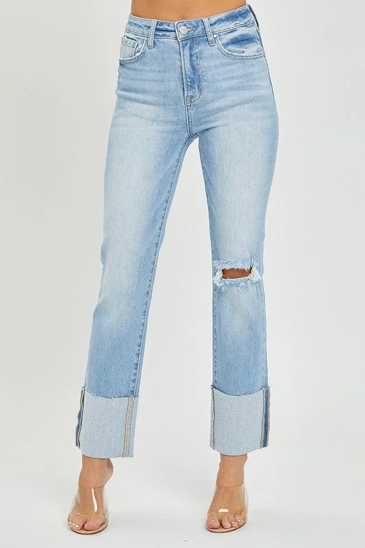 Light Denim High Rise Wide Cuffed Straight Jeans