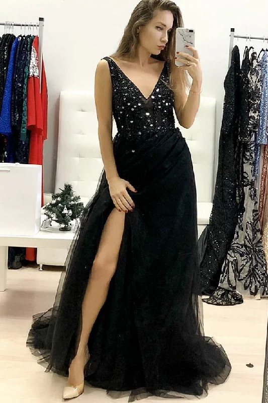 Luxurious V Neck Black Tulle Formal Evening Dress