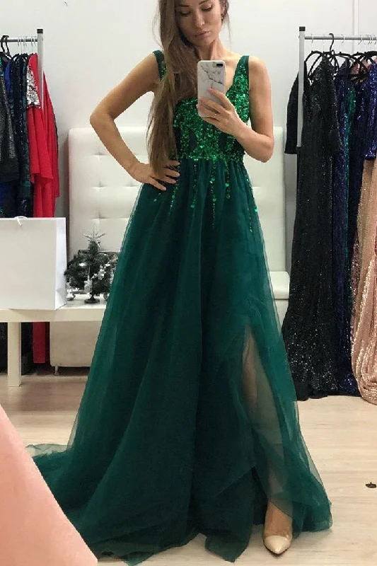 Luxurious V Neck Green Long Formal Dress with Slit