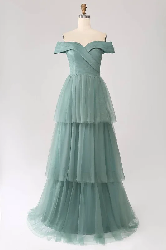 Off the Shoulder Dusty Green Layered Tulle Maxi Dress