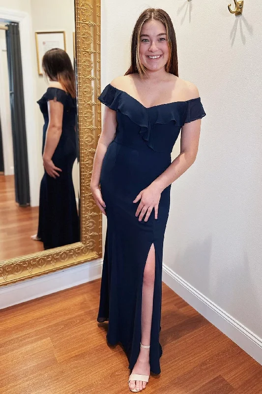 Off the Shoulder Ruffles Navy Blue Chiffon Bridesmaid Dress