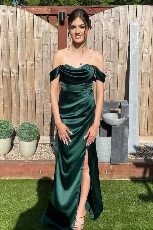 Off the Shoulder Dark Green Long Bridesmaid Dress with Slit