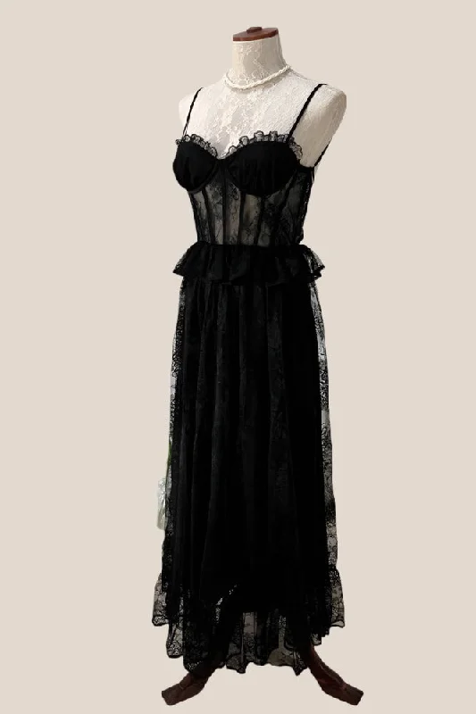 Straps Black Sheer Lace Corset Maxi Dress