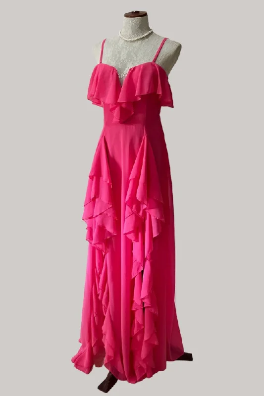 Straps Hot Pink Ruffle Chiffon Maxi Dress