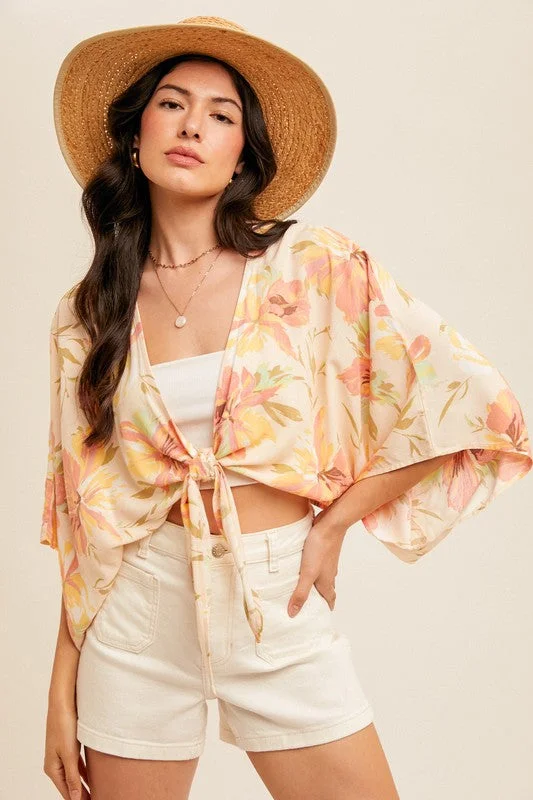 Sunkissed Orange Tropical Floral Print Front Tie Top