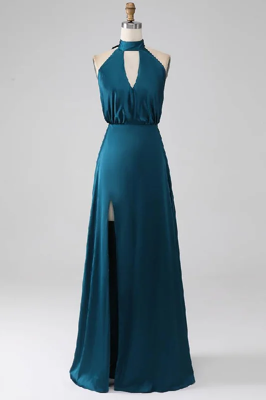 Teal High Neck Keyhole A-Line Slit Maxi Dress