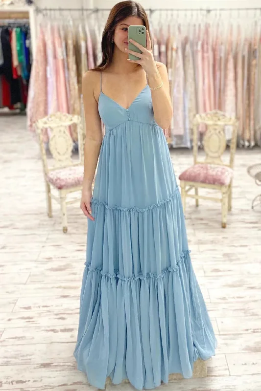 V-Neck Dusty Blue Empire Long Bridesmaid Dress