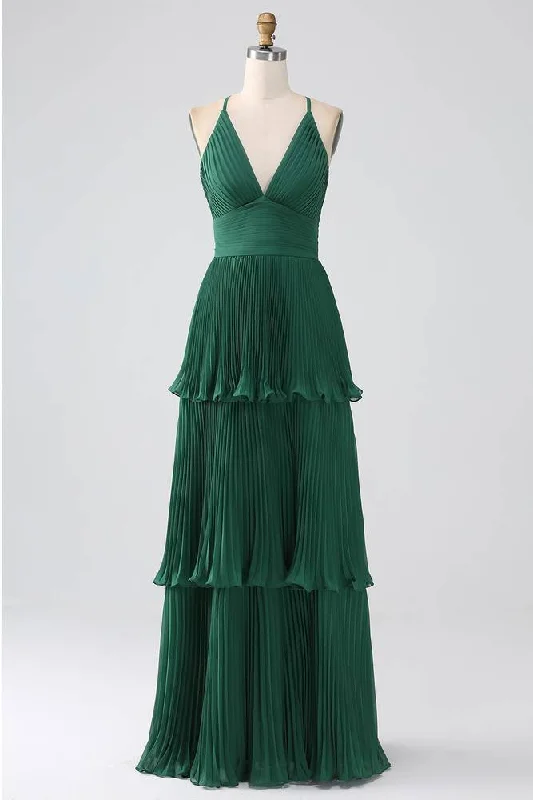 V-Neck Emerald Green Empire Pleated Tiered Maxi Dress