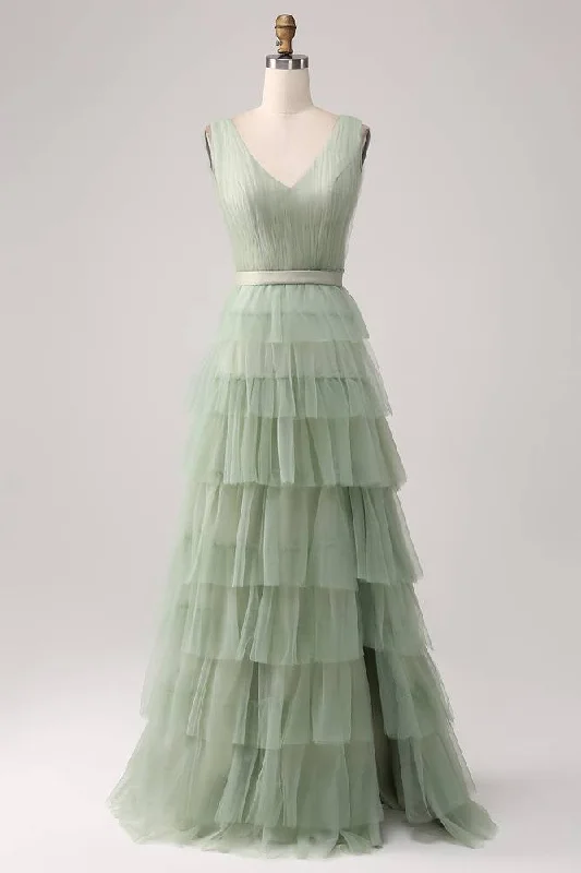 V-Neck Sage Green Tiered A-Line Maxi Dress